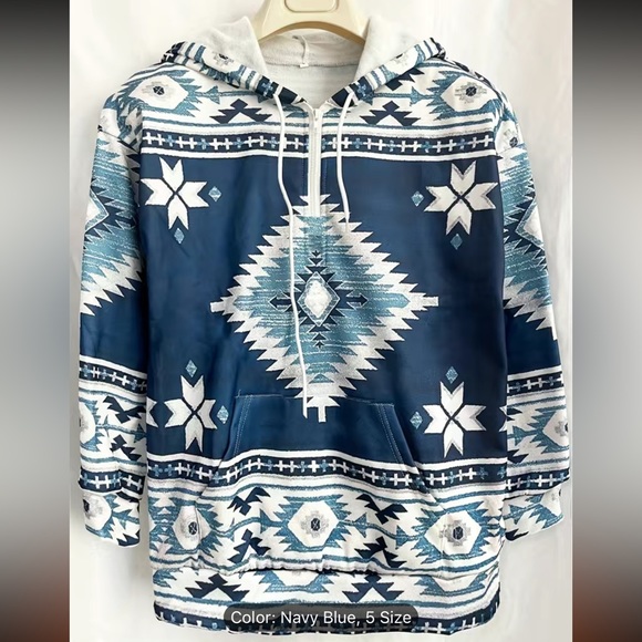 CLEARANCE 🔖 NWT BLUE/WHITE SOUTHWESTERN PRINT HOODED SWEATSHIRT Women’s XXL - Picture 2 of 5